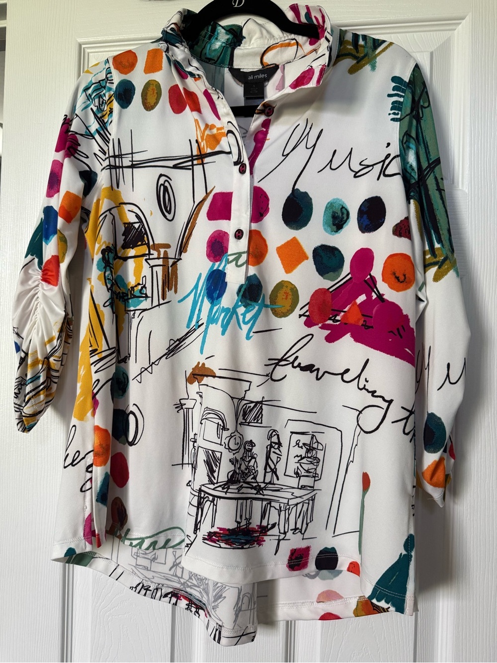 Ali Miles White Abstract Scribble Print Relaxed Shirt with Multicolor Dots